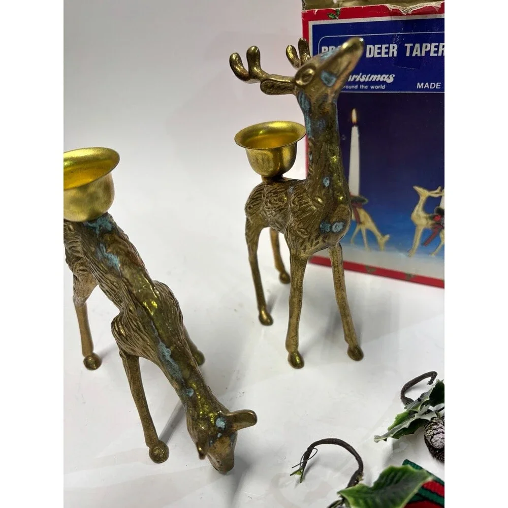 Vintage Brass Deer Taper Candle Holders Christmas Around the World Set of 2